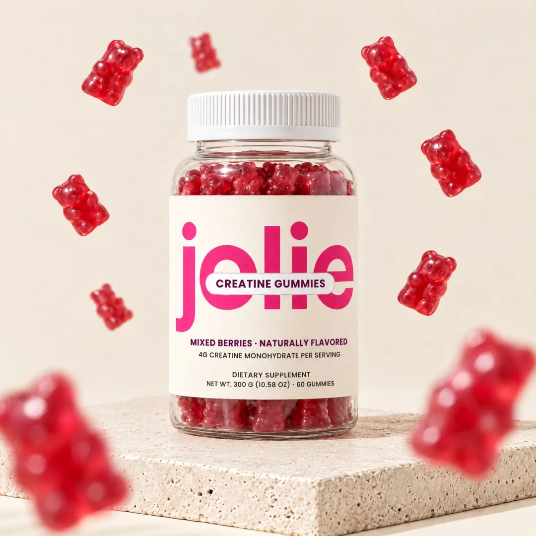 A jar of jolie Creatine gummies with gummy bears floating around it