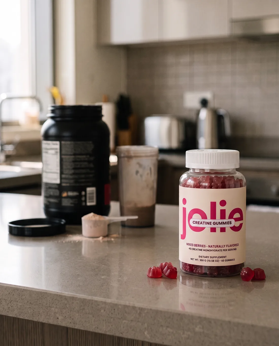 A jar of jolie Creatine gummies on a kitchen counter next to a protein tub and shaker