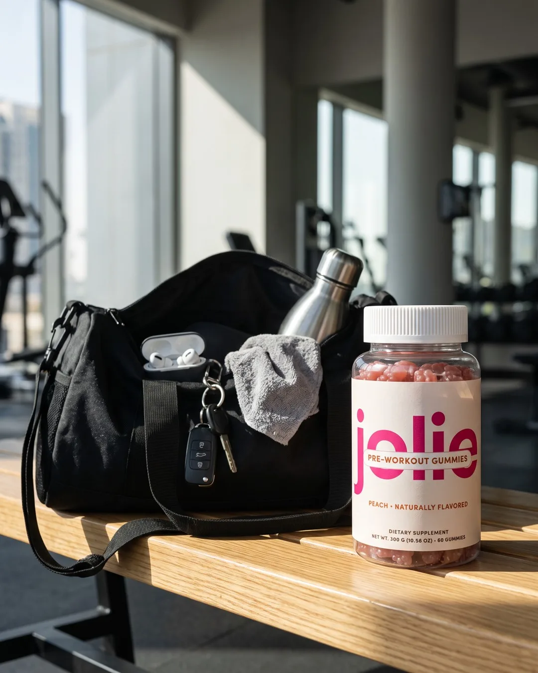 A jar of jolie Pre-Workout gummies beside a gym bag on a bench